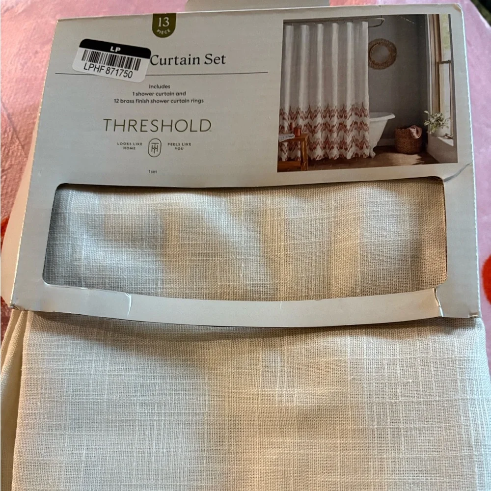 THRESHOLD NWT coastal abstract shower curtain -red/cream